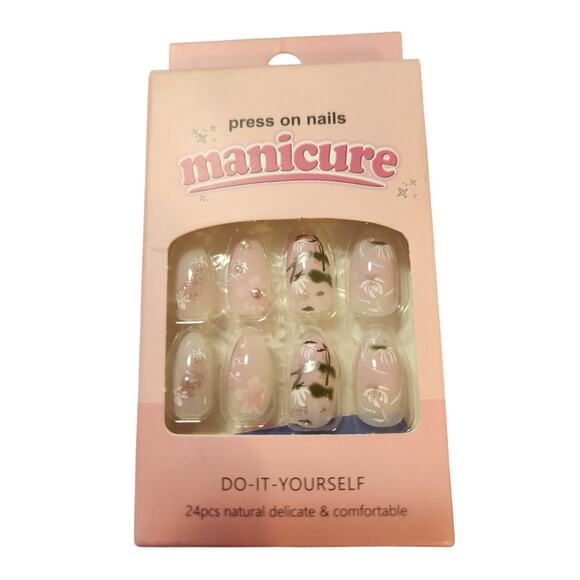 NEW 24 pcs PRESS ON NAILS Pink Floral Pearl Summer Nails Manicure - Picture 1 of 3